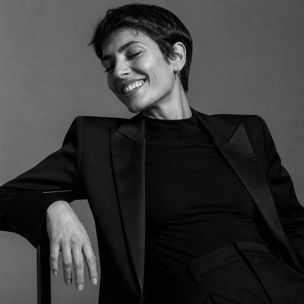 AI-generated adult fashion portrait in a tailored black suit