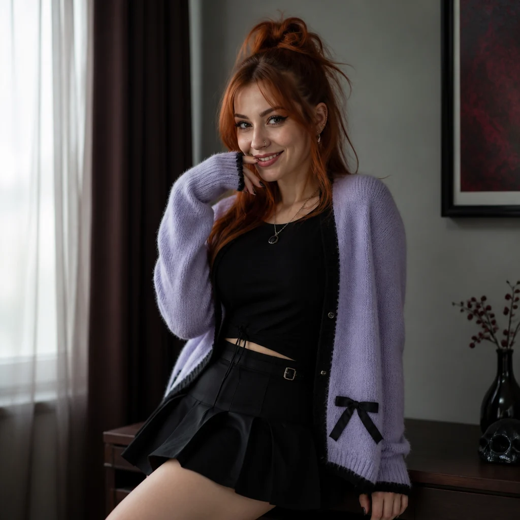 AI-generated adult fashion portrait in a lilac cardigan