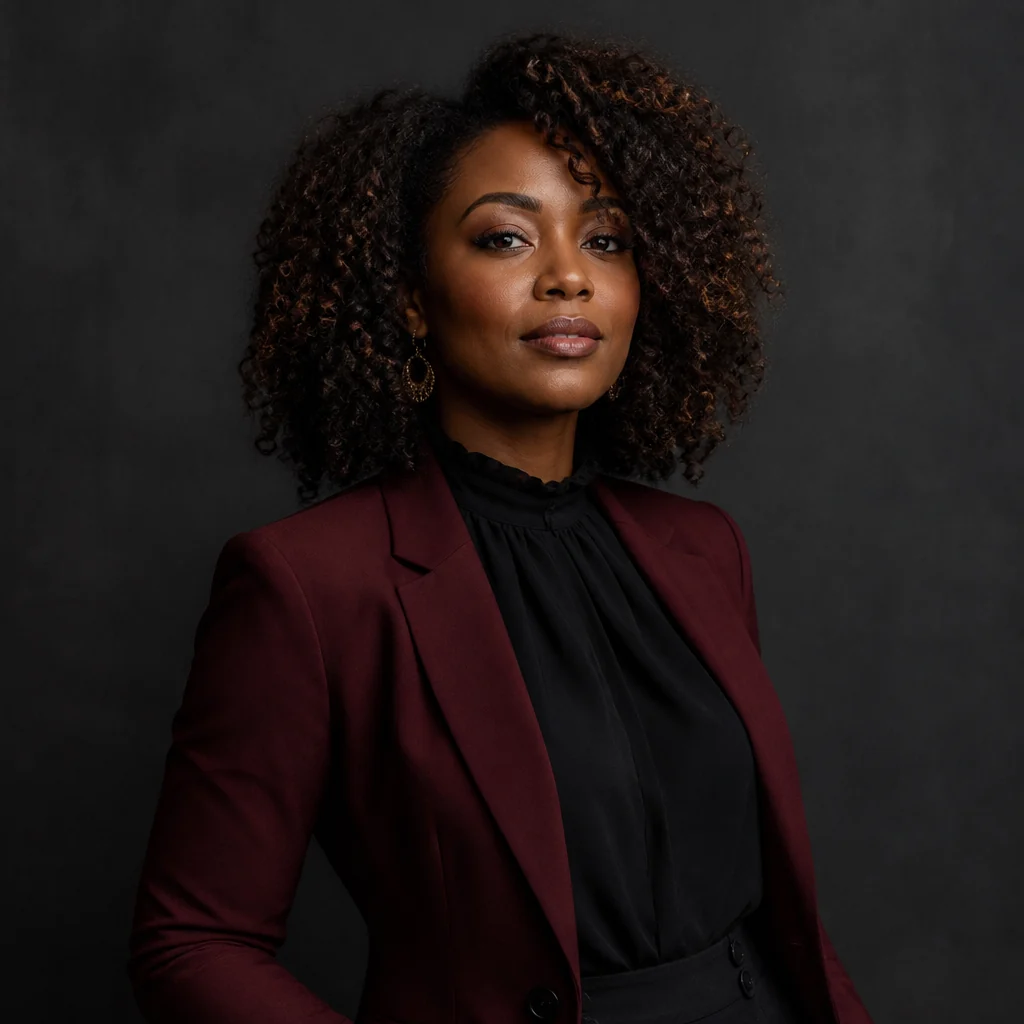 AI-generated adult fashion portrait in a burgundy blazer
