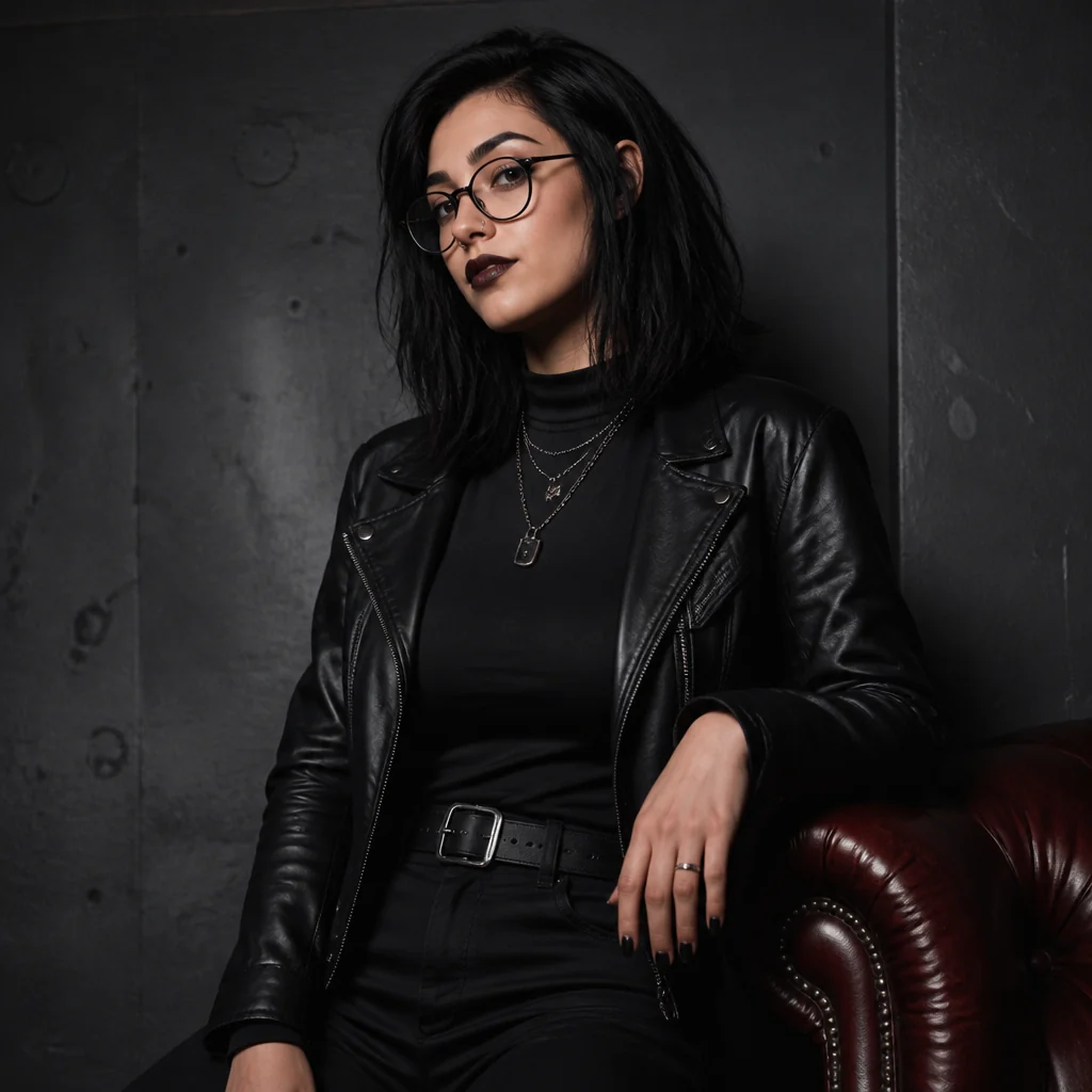 AI-generated adult fashion portrait in a black leather jacket and glasses